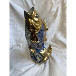 Vintage Koi Fish Figurine Blue & gold Vase Sculpture Porcelain Chinese Japanese